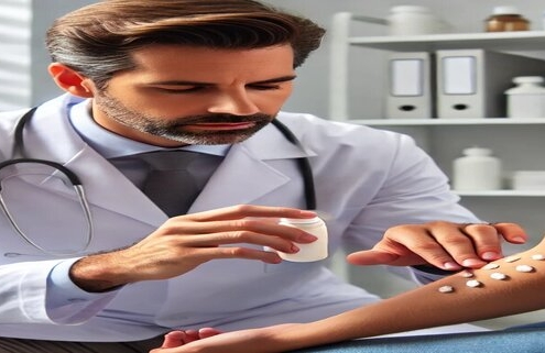 An image of a doctor testing a patient for allergies.