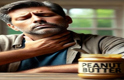 An image of a man rubbing his neck in discomfort from peanut butter throat phlegm.