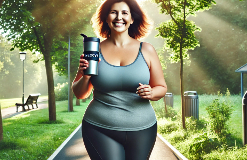 Maximizing Wegovy for weight loss—An overweight middle-aged woman jogs through a scenic park, smiling confidently while holding a lidded cup with 'Wegovy' printed on it. The sun filters through lush green trees, creating an uplifting and health-focused atmosphere.