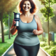 Maximizing Wegovy for weight loss—An overweight middle-aged woman jogs through a scenic park, smiling confidently while holding a lidded cup with 'Wegovy' printed on it. The sun filters through lush green trees, creating an uplifting and health-focused atmosphere.