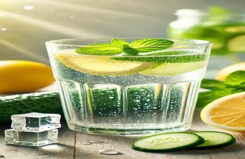 An image of a glass of water with lemon and cucumber slices for hydration.