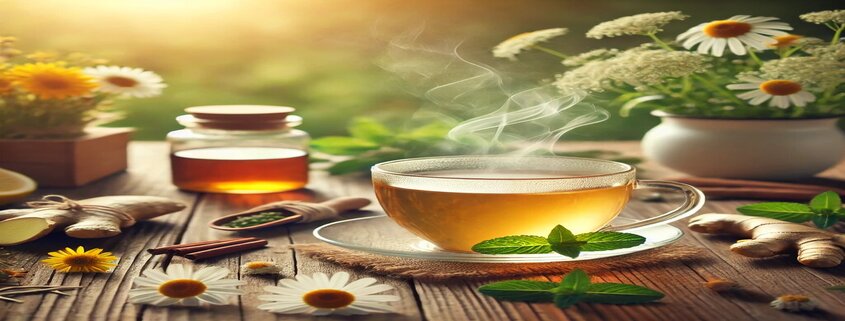 An image of a glass of herbal tea and dandelions on a table.