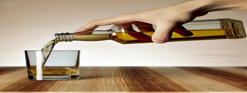 An image of a hand pouring alcohol beverage into a glass.