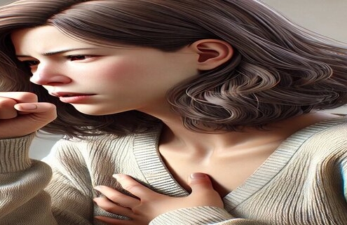 An image of a woman coughing into her fist while holding her chest.