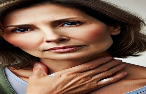 An image of a woman with throat phlegm rubbing her neck in discomfort.