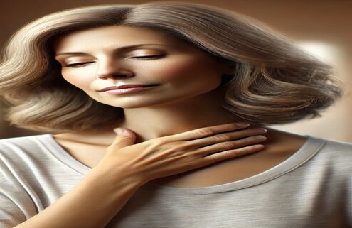 An image of a woman rubbing her throat in relief after taking Vitaae for throat phlegm and coughing.