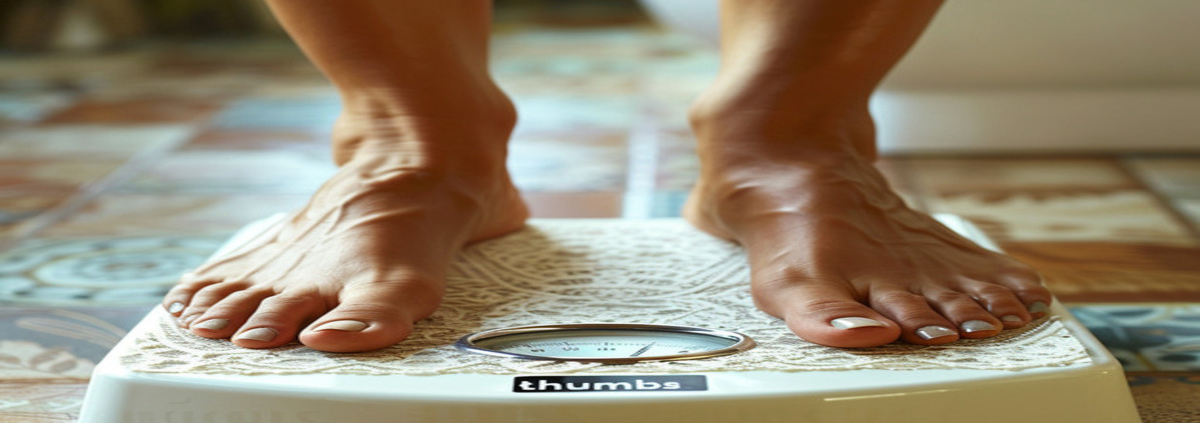 A pair of bare feet on a bathroom scale, symbolizing weight loss goals and inviting readers to decide if Contrave is right for you.