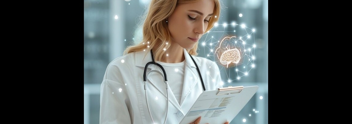 An image of a female doctor looking at a chart of Saxenda side effects.