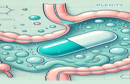 A graphical image of a plenity capsule in a human stomach surrounded by hydrogel particles