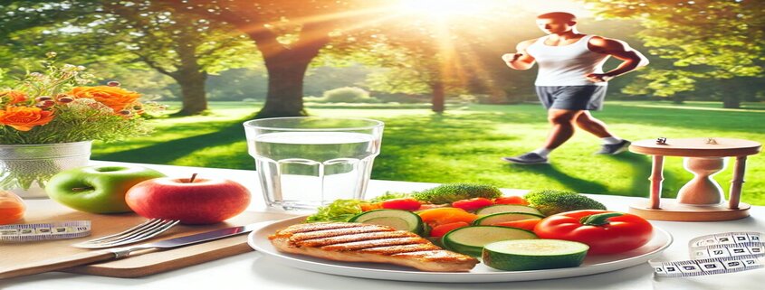 An image of a fit man jogging plus a table of healthy foods and other items for weight loss with contrave