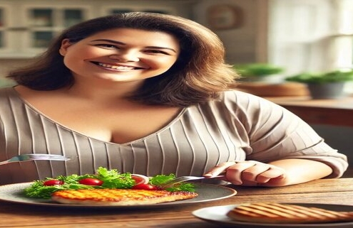 An image of an overweight woman happy with her healthy meal.