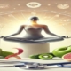 Do side effects of Contrave go away? This image depicts a serene scene with a figure meditating, surrounded by fruits, vegetables, and medical symbols, symbolizing health, balance, and wellness.