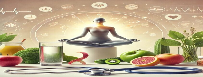 Do side effects of Contrave go away? This image depicts a serene scene with a figure meditating, surrounded by fruits, vegetables, and medical symbols, symbolizing health, balance, and wellness.