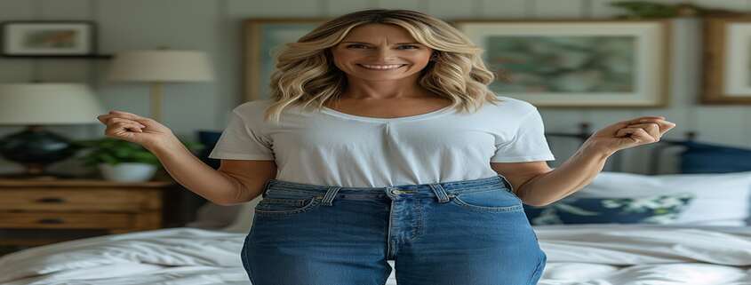 An image of a happy woman wearing thinner jeans.