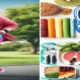 An image of a woman speed walking beside a collage of healthy foods and a blood glucose monitor