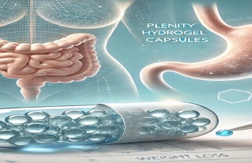 Hydrogel capsules for weight loss are depicted in this informative illustration, featuring a transparent capsule with hydrogel particles in the foreground and a background diagram showing their expansion in the stomach to promote a feeling of fullness.