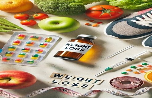 Plenity vs Ozempic for weight loss visual comparison featuring items associated with weight loss, including an injectable pen, healthy foods, sneakers, a measuring tape, a water bottle, and a pill bottle labeled 'Weight Loss' arranged on a clean surface.