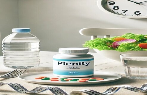 Plenity side effects depicted visually with a Plenity pill bottle on a table surrounded by a healthy salad, a glass of water, a measuring tape, and a neutral background symbolizing weight management and health.