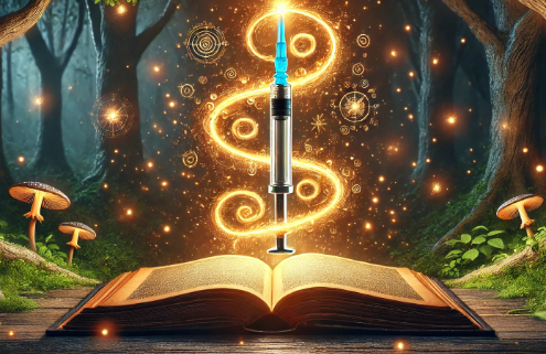 Questions about Saxenda – A mystical open book glows with golden energy in an enchanted forest. From its pages, a swirling magical aura rises, forming the shape of an injectable Saxenda pen, symbolizing transformation and weight loss.