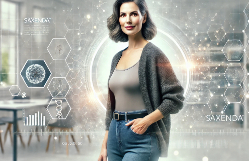 Saxenda for Weight Loss – A confident, natural-looking woman in her mid-50s stands in a modern setting, symbolizing her weight loss journey. Subtle scientific elements like molecular structures and data visuals surround her, highlighting the science behind Saxenda.