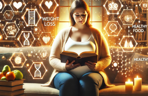 Wegovy for weight loss is represented as an overweight middle-aged woman reads a book in a cozy living room, surrounded by glowing digital icons of fitness, healthy food, and molecular structures, symbolizing weight loss and wellness.