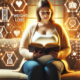 Wegovy for weight loss is represented as an overweight middle-aged woman reads a book in a cozy living room, surrounded by glowing digital icons of fitness, healthy food, and molecular structures, symbolizing weight loss and wellness.