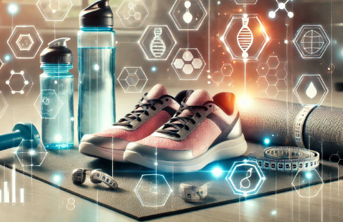 How does Wegovy work? A fitness-themed scene features running shoes, water bottles, a yoga mat, and glowing scientific icons representing weight loss, metabolism, and health tracking in a modern gym setting.