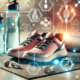 How does Wegovy work? A fitness-themed scene features running shoes, water bottles, a yoga mat, and glowing scientific icons representing weight loss, metabolism, and health tracking in a modern gym setting.