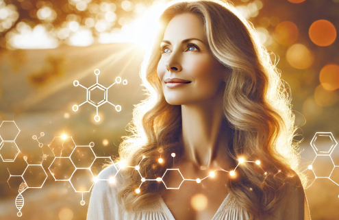 Wegovy vs. other weight loss medications—A serene, radiant middle-aged woman stands in golden sunlight, gazing upward with a peaceful smile. Subtle glowing molecular structures and wellness symbols blend into the light, symbolizing health and vitality.