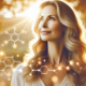 Wegovy vs. other weight loss medications—A serene, radiant middle-aged woman stands in golden sunlight, gazing upward with a peaceful smile. Subtle glowing molecular structures and wellness symbols blend into the light, symbolizing health and vitality.