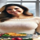 An image of an overweight woman holding a plate of healthy food during a holiday celebration due to Zepbound