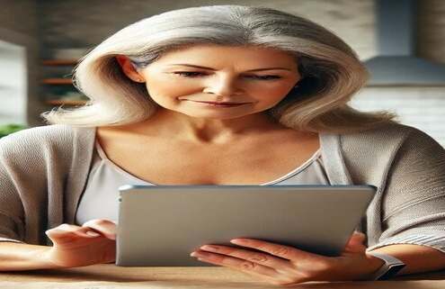 An image of a woman exploring Pelenity Weight Loss Options on her Tablet.