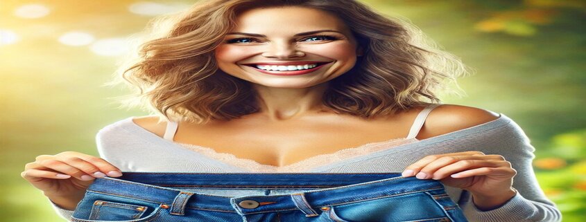 What is Contrave used for? This image depicts a happy, confident, middle-aged woman holding a visibly larger pair of jeans, symbolizing her weight loss success. She is outdoors in a serene, sunny setting, radiating positivity and pride in her achievement.