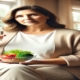 Contrave constipation: An attractive, overweight woman in her mid-50s sits in a cozy living room holding a glass of water and a small bowl of fresh vegetables, symbolizing a healthy approach to managing medication side effects.