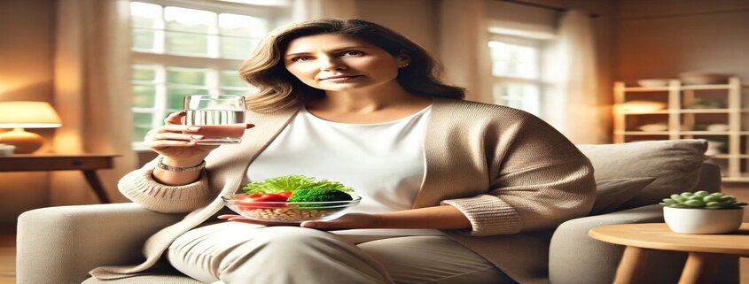 Contrave constipation: An attractive, overweight woman in her mid-50s sits in a cozy living room holding a glass of water and a small bowl of fresh vegetables, symbolizing a healthy approach to managing medication side effects.