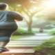 An outdoor scene featuring a mid-50s overweight woman walking on a serene nature trail surrounded by greenery and soft sunlight, symbolizing motivation and progress, representing the concept of how Contrave works for weight loss by supporting healthier lifestyle choices.