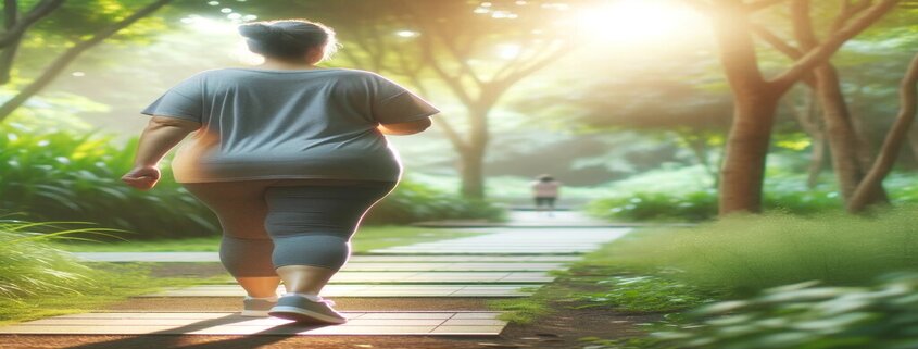 An outdoor scene featuring a mid-50s overweight woman walking on a serene nature trail surrounded by greenery and soft sunlight, symbolizing motivation and progress, representing the concept of how Contrave works for weight loss by supporting healthier lifestyle choices.