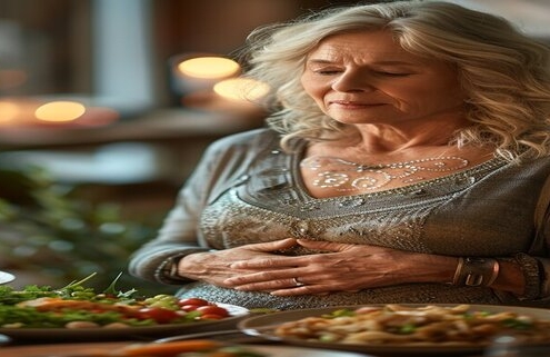 Plenity Ingredients: An image of an overweight woman pushing her full plate of food away and rubbing her stomach because she is full.