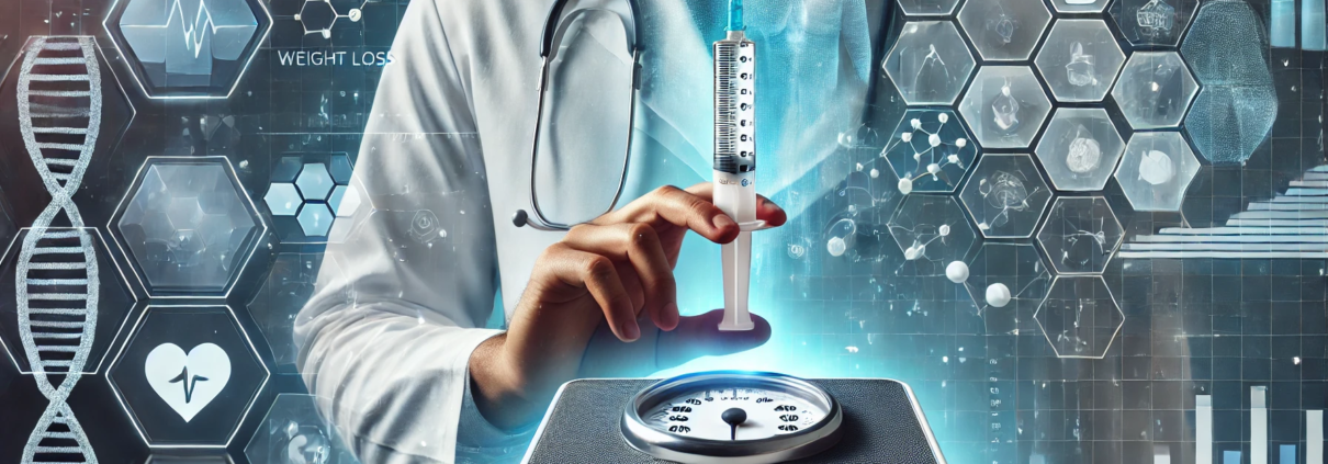 Is Zepbound Your Ideal Weight Loss Answer? A futuristic medical-themed digital illustration features a doctor in a white coat with a stethoscope, holding a syringe filled with a weight loss medication above a digital scale.