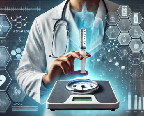 Is Zepbound Your Ideal Weight Loss Answer? A futuristic medical-themed digital illustration features a doctor in a white coat with a stethoscope, holding a syringe filled with a weight loss medication above a digital scale.