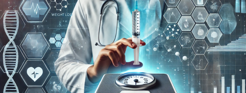Is Zepbound Your Ideal Weight Loss Answer? A futuristic medical-themed digital illustration features a doctor in a white coat with a stethoscope, holding a syringe filled with a weight loss medication above a digital scale.
