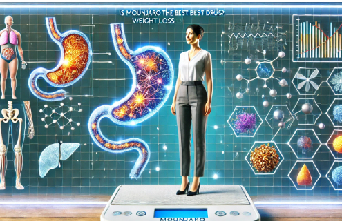 Is Mounjaro the best weight loss drug – A confident middle-aged woman stands on a futuristic digital scale, with a high-tech medical display behind her comparing Mounjaro to other weight loss drugs.