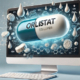 Orlistat capsules for weight loss: A large Orlistat pill bursts through a computer screen, surrounded by molecular structures and fat droplets, symbolizing its fat-blocking mechanism and digital health research.