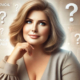 Xenical vs. Alli for weight loss: A smiling woman looks thoughtful, surrounded by floating question marks and text comparing Xenical and Alli, symbolizing the decision between the two Orlistat-based weight loss options.