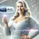 Alli for weight loss: A confident, smiling woman holds an Alli pill, surrounded by glowing molecular structures and DNA strands, symbolizing its fat-blocking effects and scientific basis.