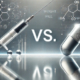 Orlistat vs Ozempic for weight loss: A syringe and a weight loss pill face off in a futuristic setting, symbolizing the choice between injectable and oral weight loss treatments, with scientific visuals highlighting their mechanisms.