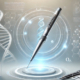 Mounjaro eligibility: A futuristic injection pen is surrounded by a glowing DNA helix, a prescription pad, and molecular structures, symbolizing scientific research and medical criteria for use.