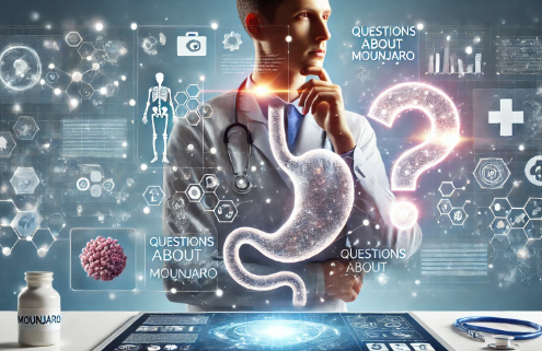 Questions about Mounjaro – A thoughtful doctor interacts with a futuristic medical interface displaying a glowing stomach, scientific icons, and a large question mark, symbolizing inquiry into the drug’s effects.