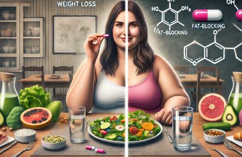 Orlistat vs Diet and Exercise: A digitally illustrated split-screen image showing a woman at a dining table, with the left side depicting her as overweight and the right side as slimmer. The table features healthy foods like salads, fruits, and nuts, with weight loss pills placed prominently. Above, chemical structures labeled "fat-blocking" and "weight loss" highlight Orlistat's role in fat absorption.