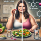 Orlistat vs Diet and Exercise: A digitally illustrated split-screen image showing a woman at a dining table, with the left side depicting her as overweight and the right side as slimmer. The table features healthy foods like salads, fruits, and nuts, with weight loss pills placed prominently. Above, chemical structures labeled "fat-blocking" and "weight loss" highlight Orlistat's role in fat absorption.